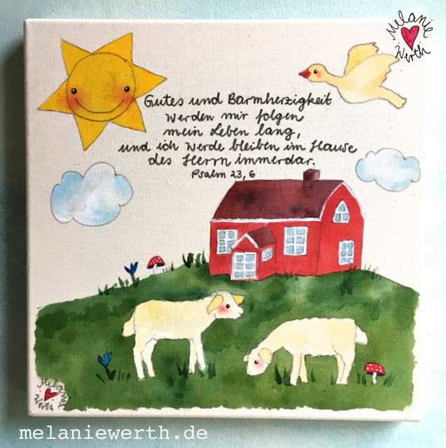Ein Schwedenhaus Mit Schafen Malerei Fur Kleine Kissen Zur Taufe Und Geburt