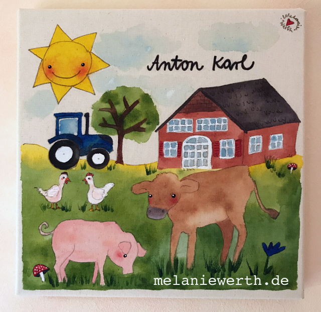 Kinderzimmerbild Bauernhof mit Kuh, Schwein und Hühnern, Illustration für Kinder