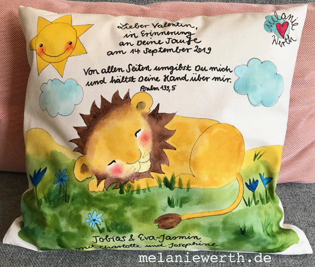 Kinderkissen, schlafender Löwe, Kissen zur Taufe aus Bio-Baumwolle