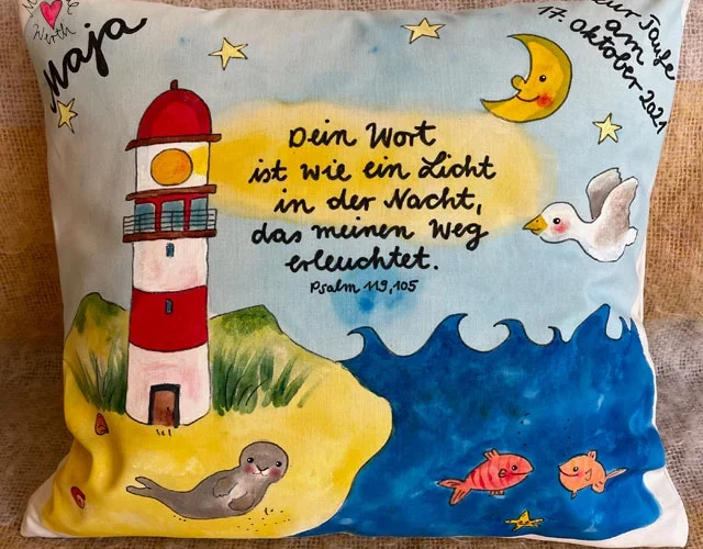 Leuchtturm Geschenk, Kissen mit Leuchtturm, Taufe Leuchtturm