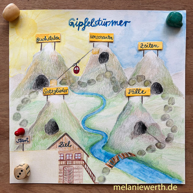 individuelles Spieldesign, therapeutisches Spielen, Lerntherapie, Waldorfpädagogik, kreative Zusammenarbeit, handgemaltes Spielbrett, pädagogisches Material, Förderunterricht, personalisiertes Lernspiel, Gipfelstürmer, visuelle Lernhilfen, kreative Auftragarbeiten