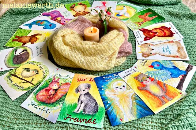 Alle Achtsamkeitskarten mit Krafttieren von Melanie Werth im Überblick, handgemalt, auf Premiumpapier gedruckt