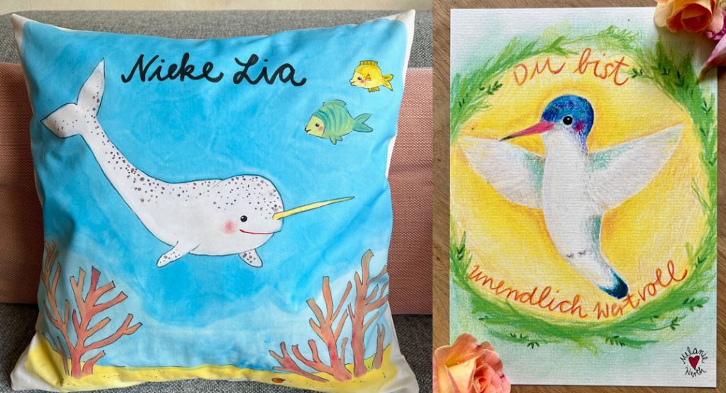 Handgemaltes Kissen zur Geburt mit Beluga-Wal und Achtsamkeitskarte mit Kolibri von Melanie Werth
