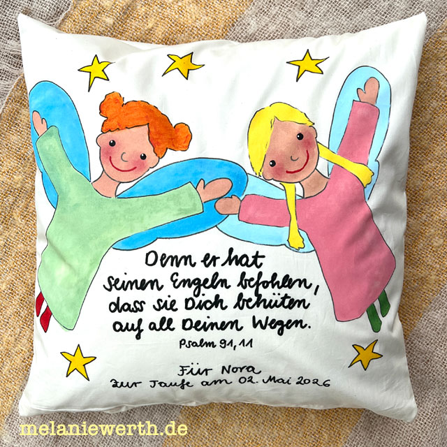 zwei Engel, Denn er hat seinen Engeln befohlen dass sie dich behüten, handgemaltes Kissen