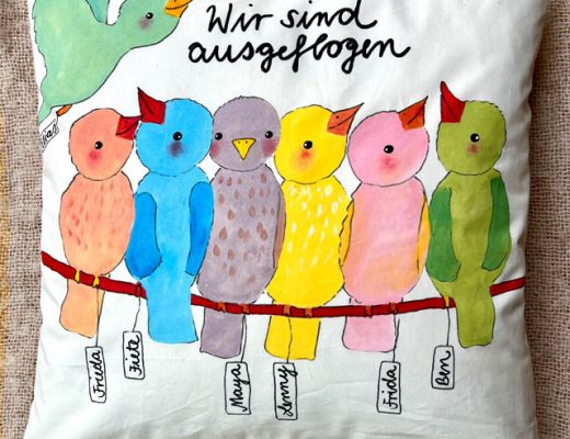 Abschied Kindergarten, Abschiedsgeschenk, Vögel auf der Leine, Kissen handbemalt