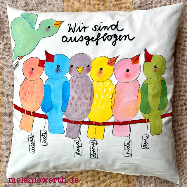 Abschied Kindergarten, Abschiedsgeschenk, Vögel auf der Leine, Kissen handbemalt