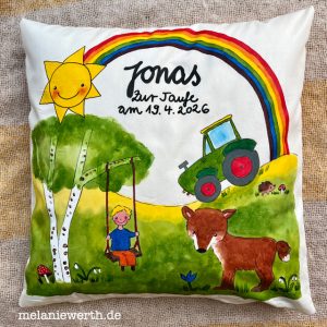 Geschenk zur Taufe, handbemaltes Kissen mit Traktor, Fuchs und Schaukel