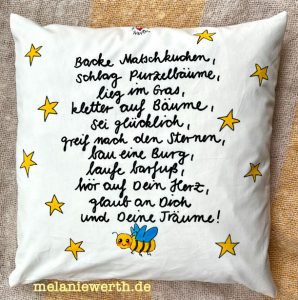 Kissen zur Geburt, bunte Segenswünsche zur Geburt "hör auf dein Herz"