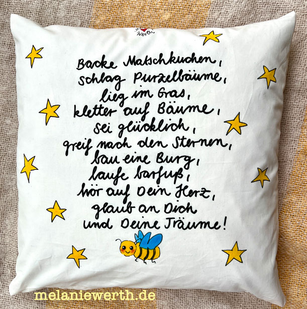 Kissen zur Geburt, bunte Segenswünsche zur Geburt "hör auf dein Herz"