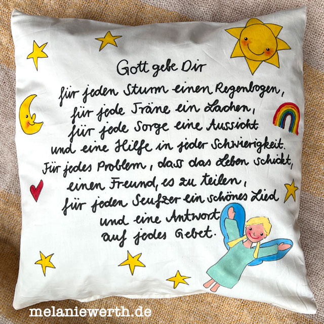 Irischer Segenswunsch "Gott gebe Dir", Kissen zur Taufe, handgemalt von Melanie Werth