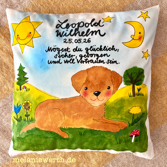 kleiner Welpe Kissen zur Geburt, individuelles Geschenk zur Geburt, handgemalt von Melanie Werth