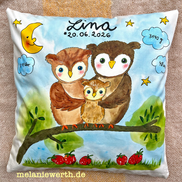 Geschenk zur Geburt mit Daten, liebevolles Geburtsgeschenk, Eulenfamilie, handgemalt
