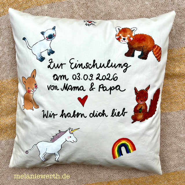 Kissen zur Einschulung mit den Lieblingstieren, individuelles Geschenk zur Einschulung